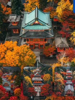 Midjourney Prompt Japanese Autumn Temple Shrine Maple Ginkgo Tree Landscape Photography