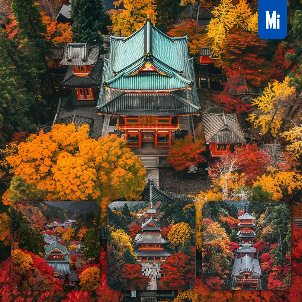 Midjourney Prompt Japanese Autumn Temple Shrine Maple Ginkgo Tree Landscape Photography
