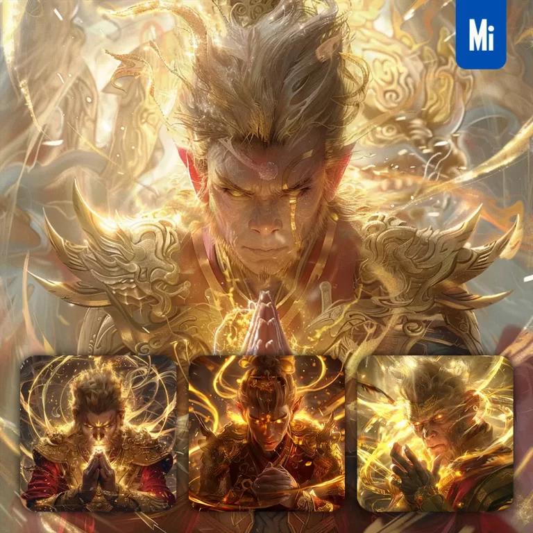 midjourney prompt Monkey King Sun Wukong painting golden light eyes Buddha energy