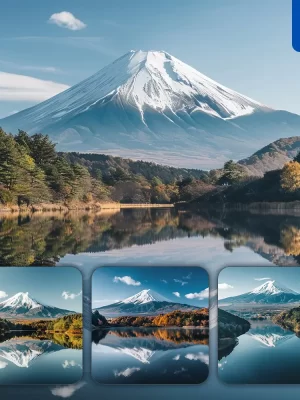 Midjourney Prompt Mount Fuji Peak Snow Lake Forest Japanese Mountain Landscape Photography