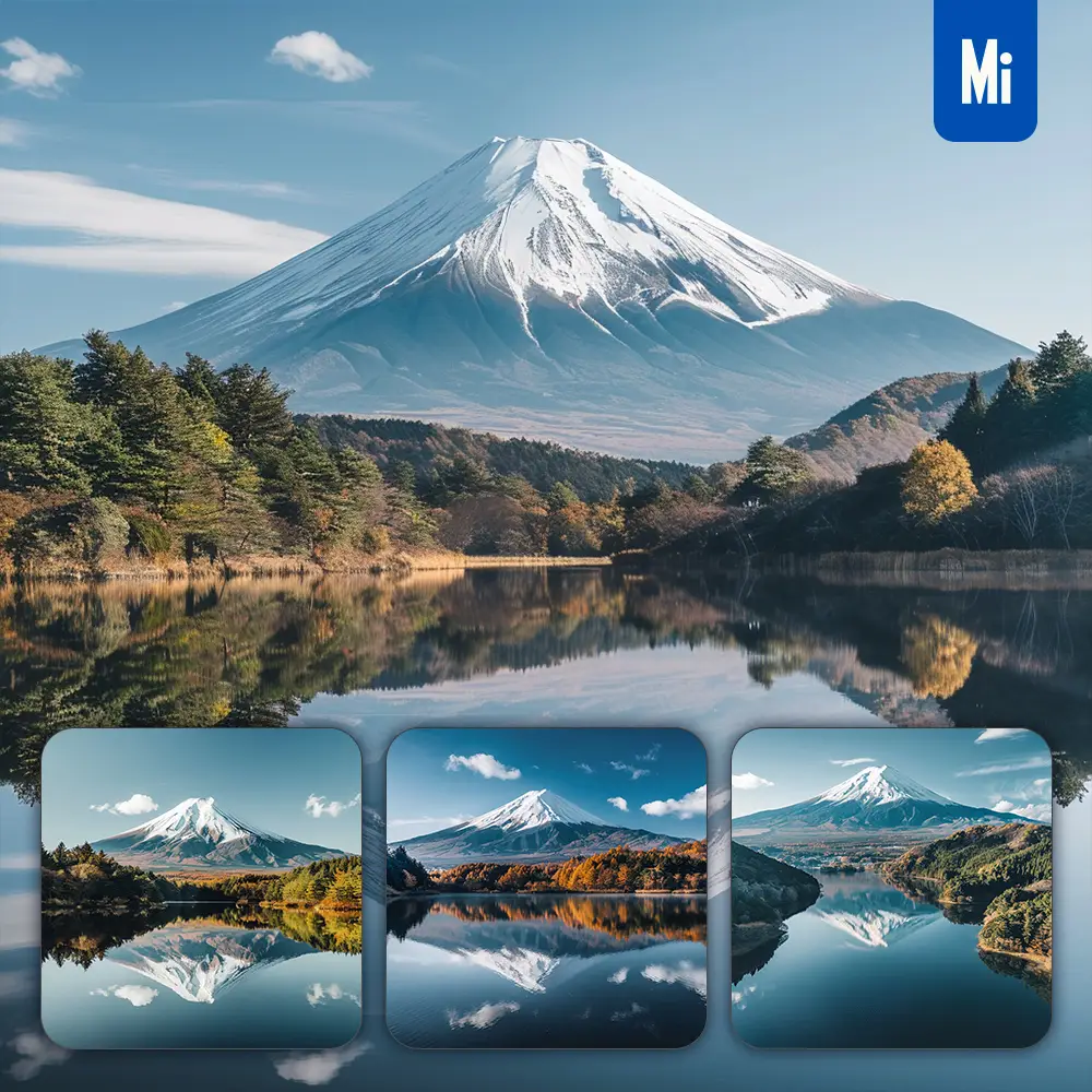 Midjourney Prompt Mount Fuji Peak Snow Lake Forest Japanese Mountain Landscape Photography