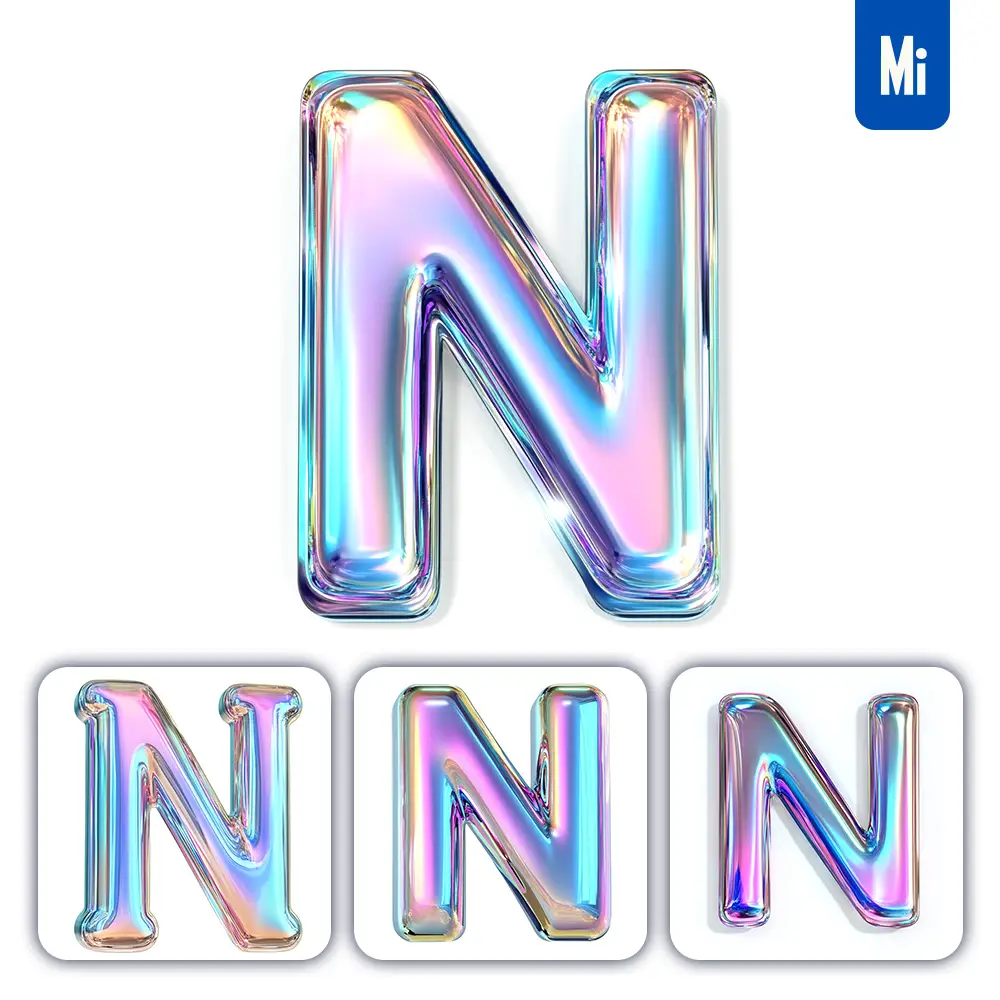 midjourney prompt N letter 3D pastel hologram holographic colorful icon model
