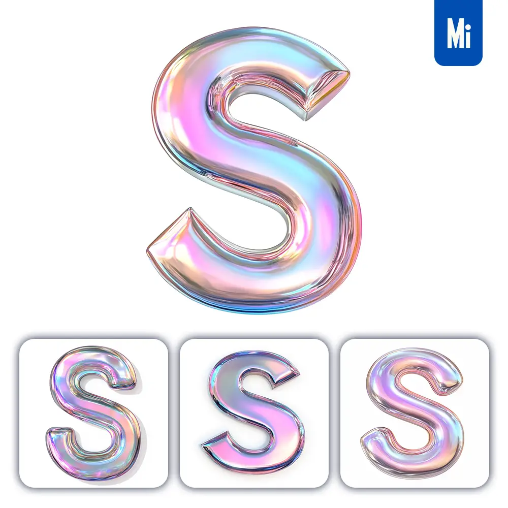 midjourney prompt S letter 3D pastel hologram holographic colorful icon model