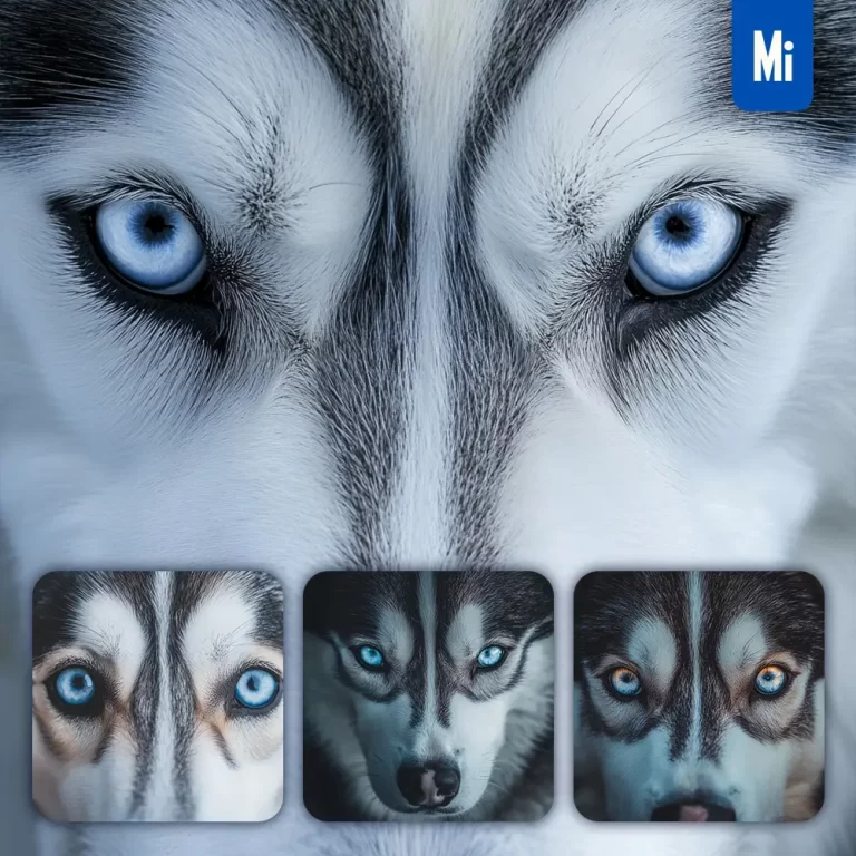 midjourney prompt Siberian Husky dog eyes head straight face detailed close up photography