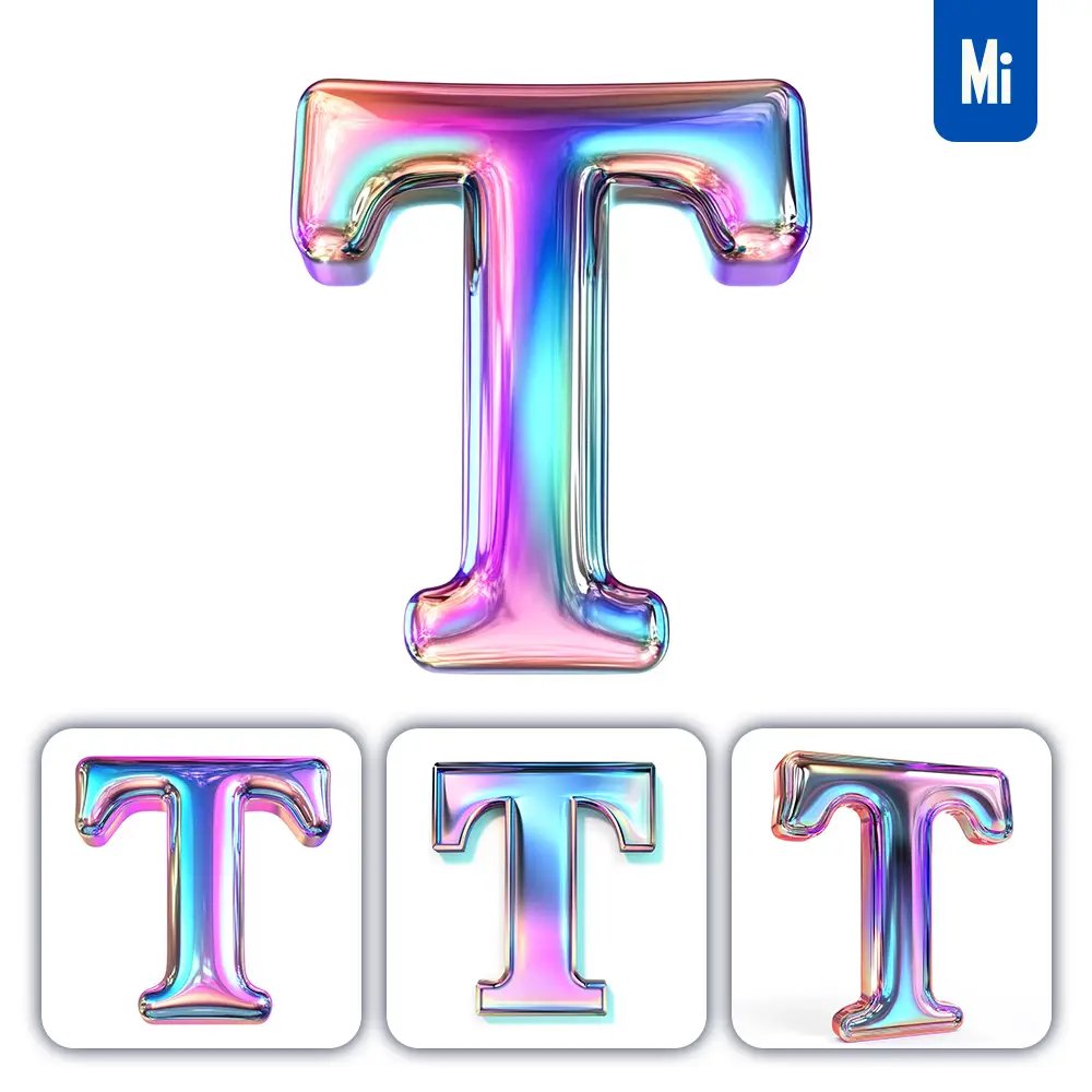 midjourney prompt T letter 3D pastel hologram holographic colorful icon model
