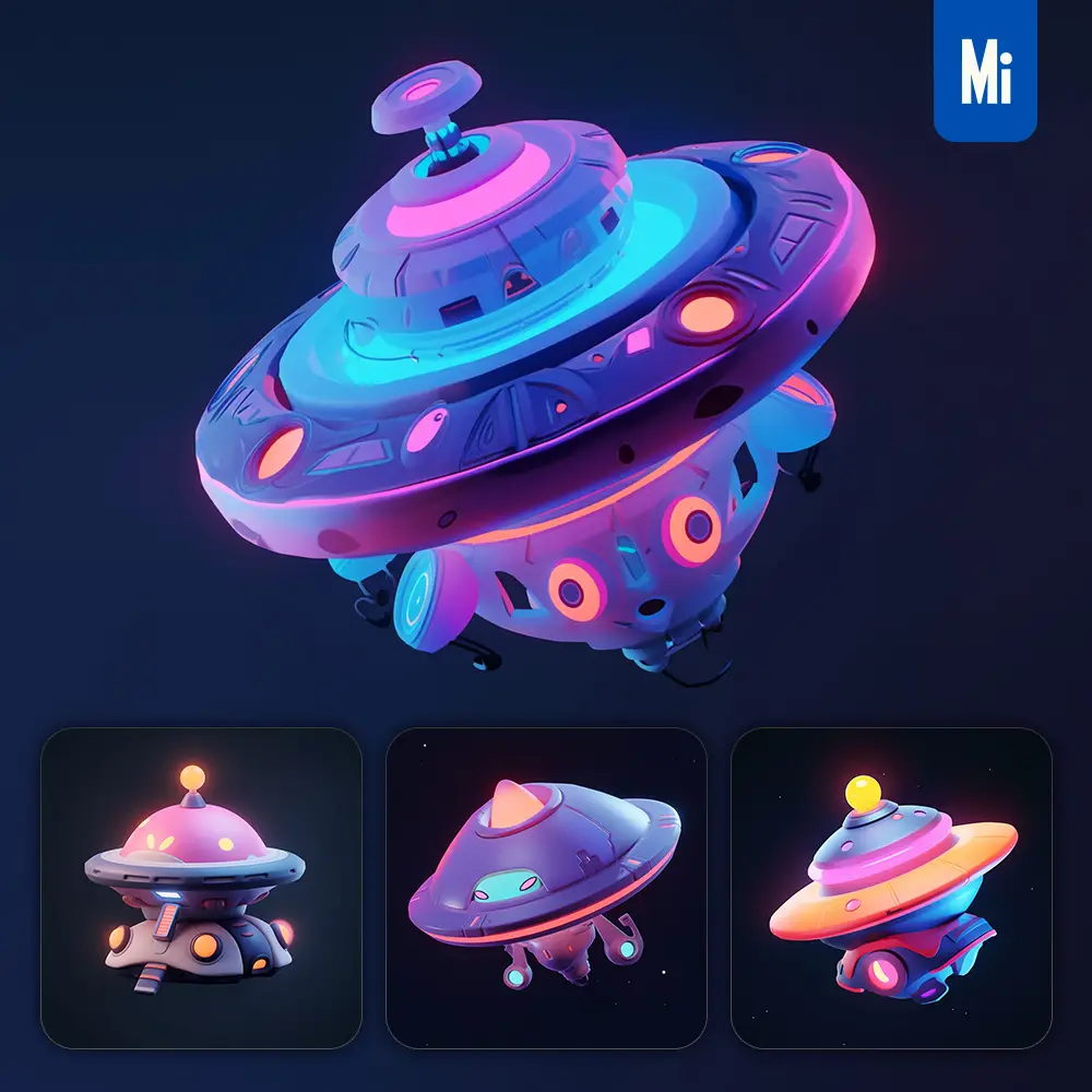 midjourney prompt UFO flying saucer icon design UI 3D rendering