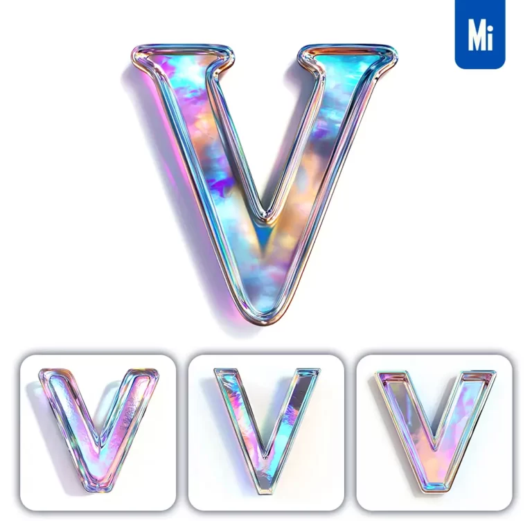 midjourney prompt V letter 3D pastel hologram holographic colorful icon model