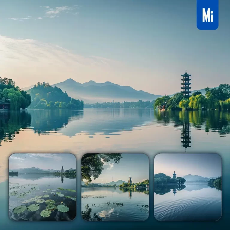 midjourney prompt West Lake water ancient temple hill peaceful pagoda landscape photography