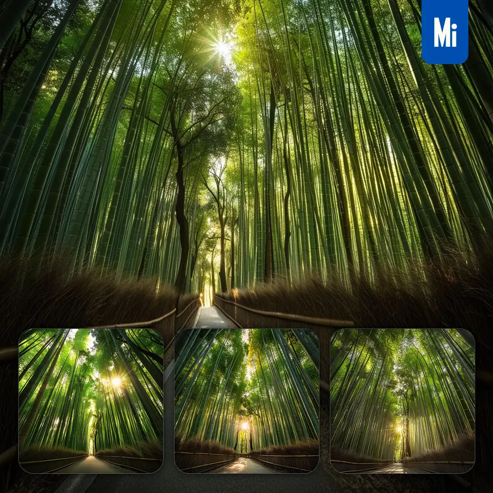 midjourney prompt bamboo grove sunlight road way green landscape photography