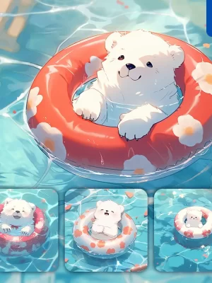 Midjourney Prompt Bear White Swimming Circle Animation Smile Water Pool Cute Swim