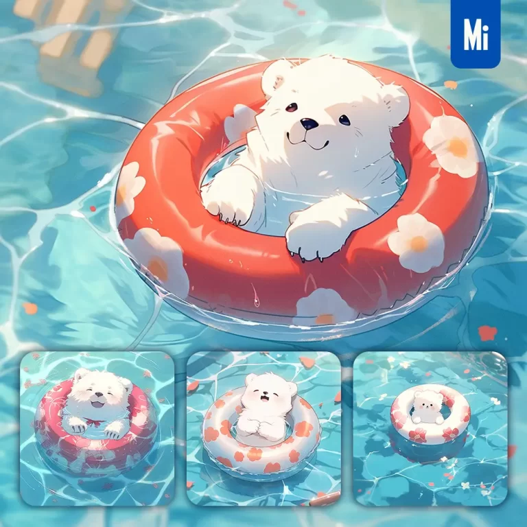 midjourney prompt bear white swimming circle animation smile water pool cute swim