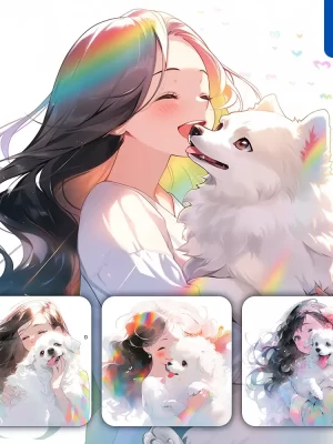 Midjourney Prompt Beautiful Girl Lady Woman Dog Holding Colorful Face Portrait Animation Cartoon