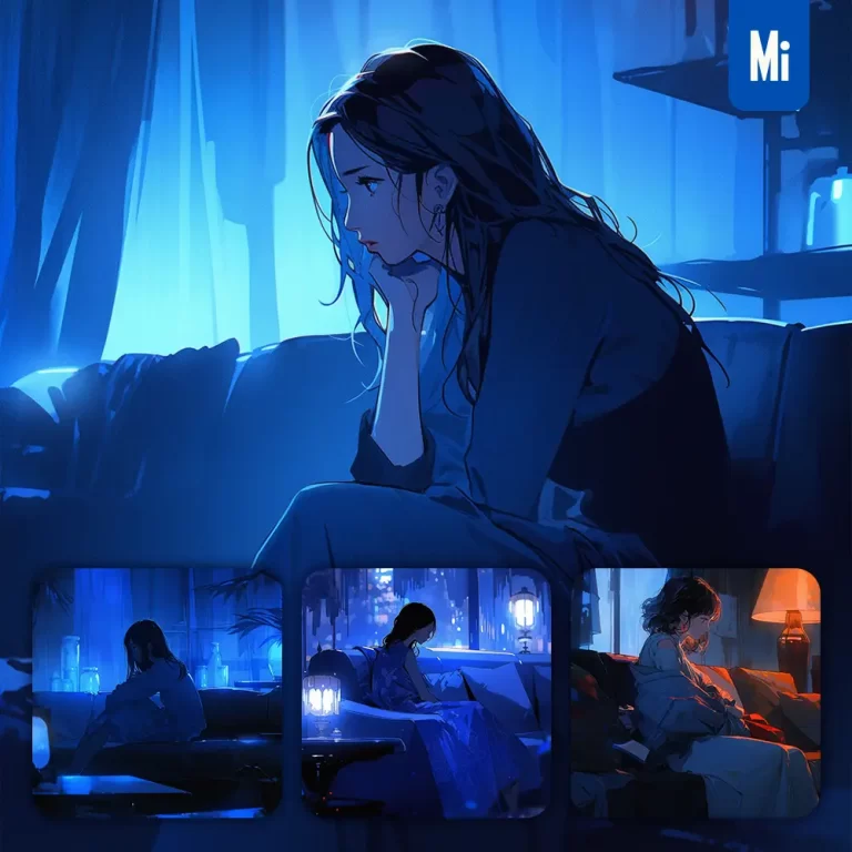 midjourney prompt beautiful sleep girl lady woman lonely sit sofa night animation painting illustration