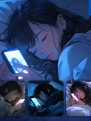 Midjourney Prompt Beautiful Sleep Girl Lady Woman Mobile Phone Night Animation Painting Illustration