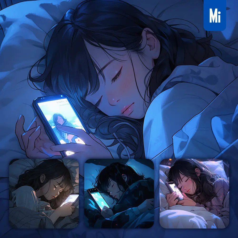 Midjourney Prompt Beautiful Sleep Girl Lady Woman Mobile Phone Night Animation Painting Illustration