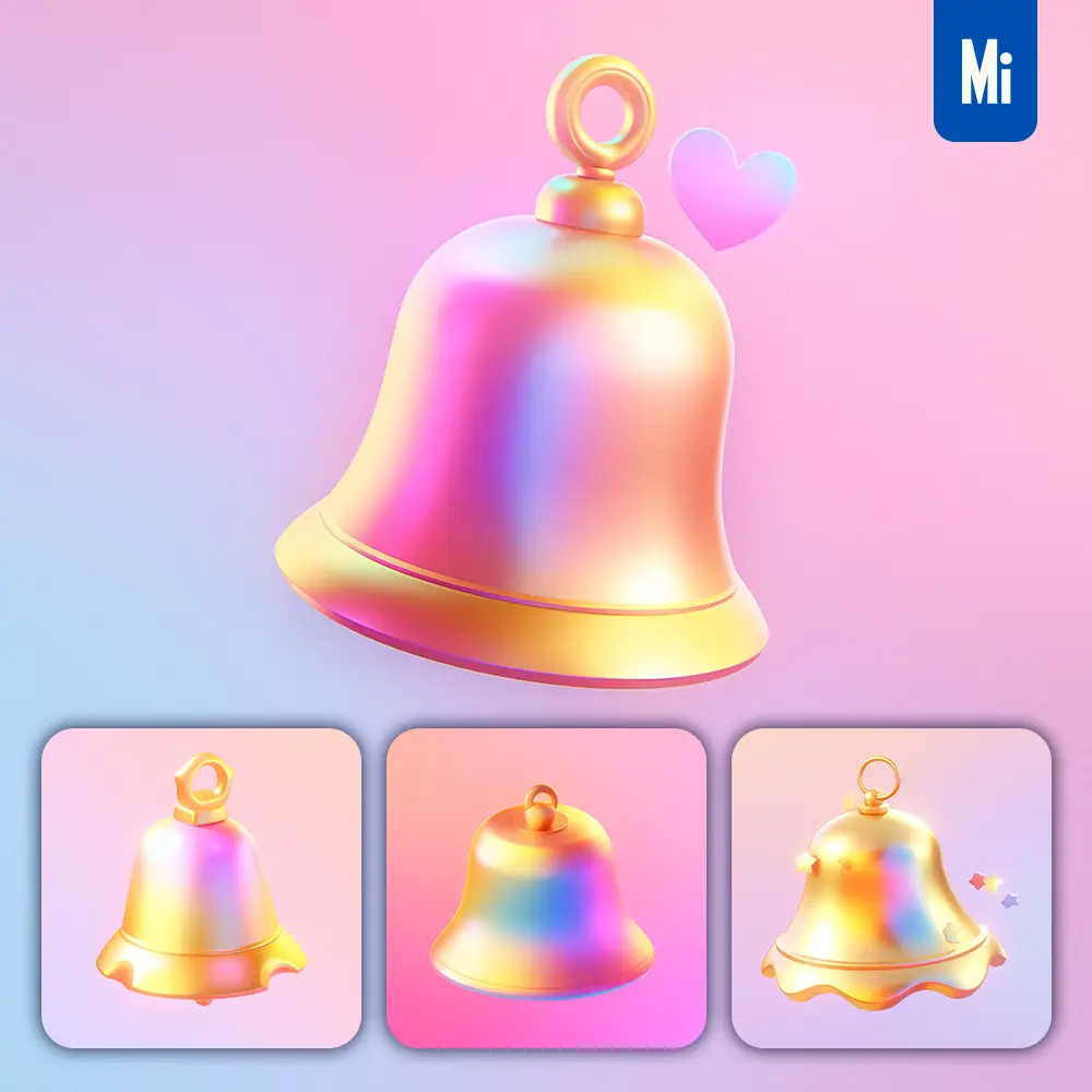 midjourney prompt bell 3D icon game cartoon cute lovely golden