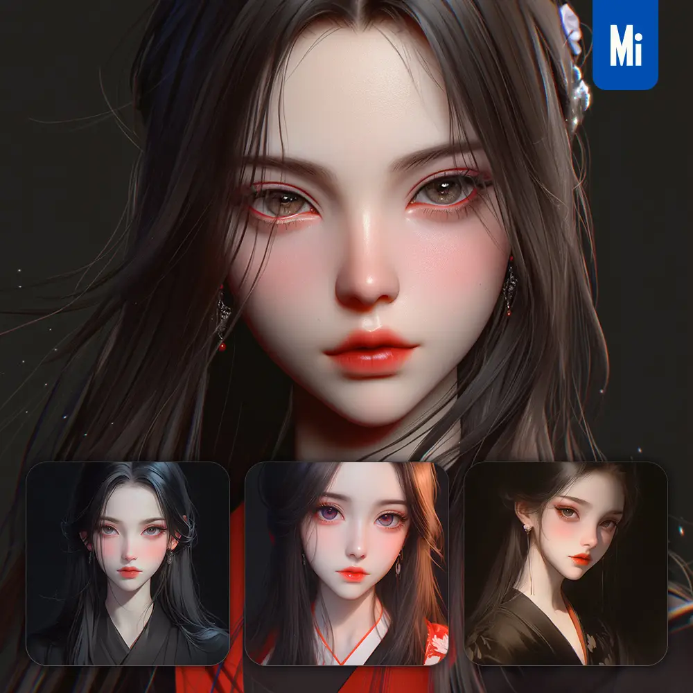 midjourney prompt black Asian Japanese beautiful woman girl lady face portrait animation cartoon