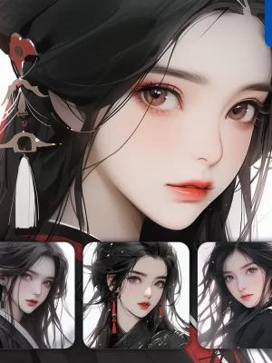 Midjourney Prompt Black Chinese Beautiful Asian Woman Girl Lady Face Portrait Animation Cartoon Painting