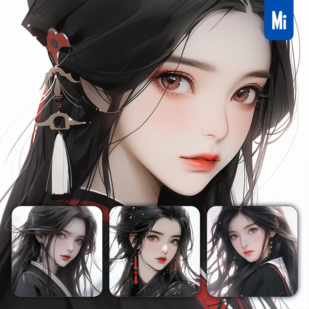 Midjourney Prompt Black Chinese Beautiful Asian Woman Girl Lady Face Portrait Animation Cartoon Painting