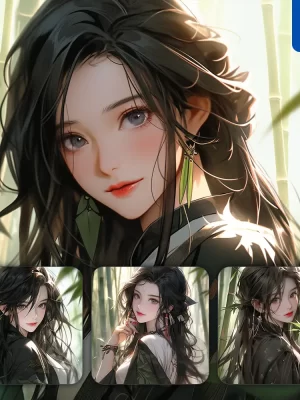 Midjourney Prompt Black Bamboo Chinese Beautiful Geisha Asian Woman Girl Lady Face Portrait Animation Cartoon Painting