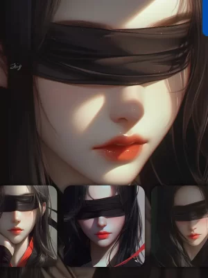 Midjourney Prompt Black Blindfolded Beautiful Woman Girl Lady Face Portrait Animation Cartoon