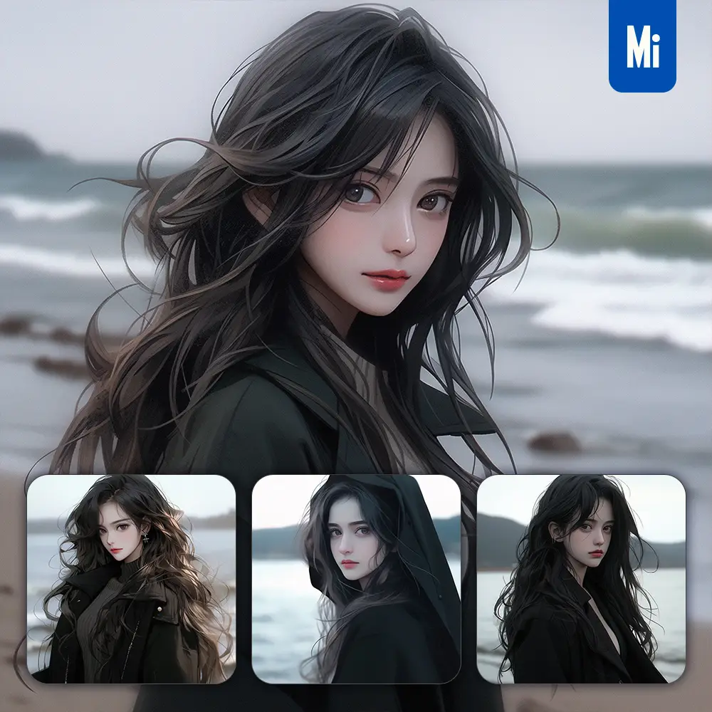 midjourney prompt black coat sea beautiful girl woman lady illustration portrait animation cartoon