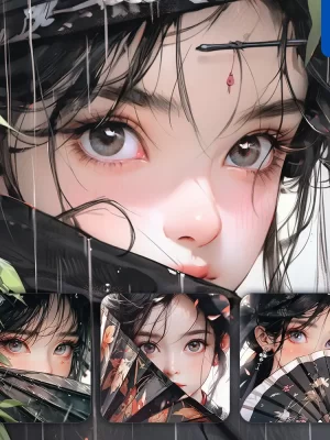 Midjourney Prompt Black Fairy Fan Eyes Chinese Beautiful Asian Woman Girl Lady Face Portrait Animation Cartoon Painting