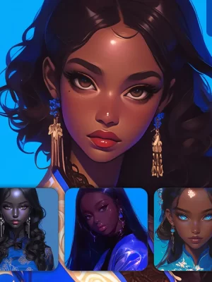 Midjourney Prompt Blue African Beautiful Woman Girl Lady Face Portrait Animation Cartoon