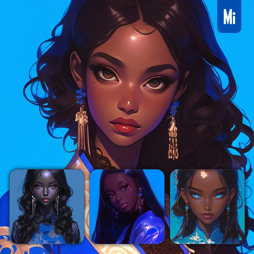 midjourney prompt blue African beautiful woman girl lady face portrait animation cartoon
