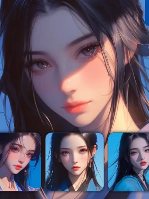 Midjourney Prompt Blue Asian Japanese Beautiful Woman Girl Lady Face Portrait Animation Cartoon