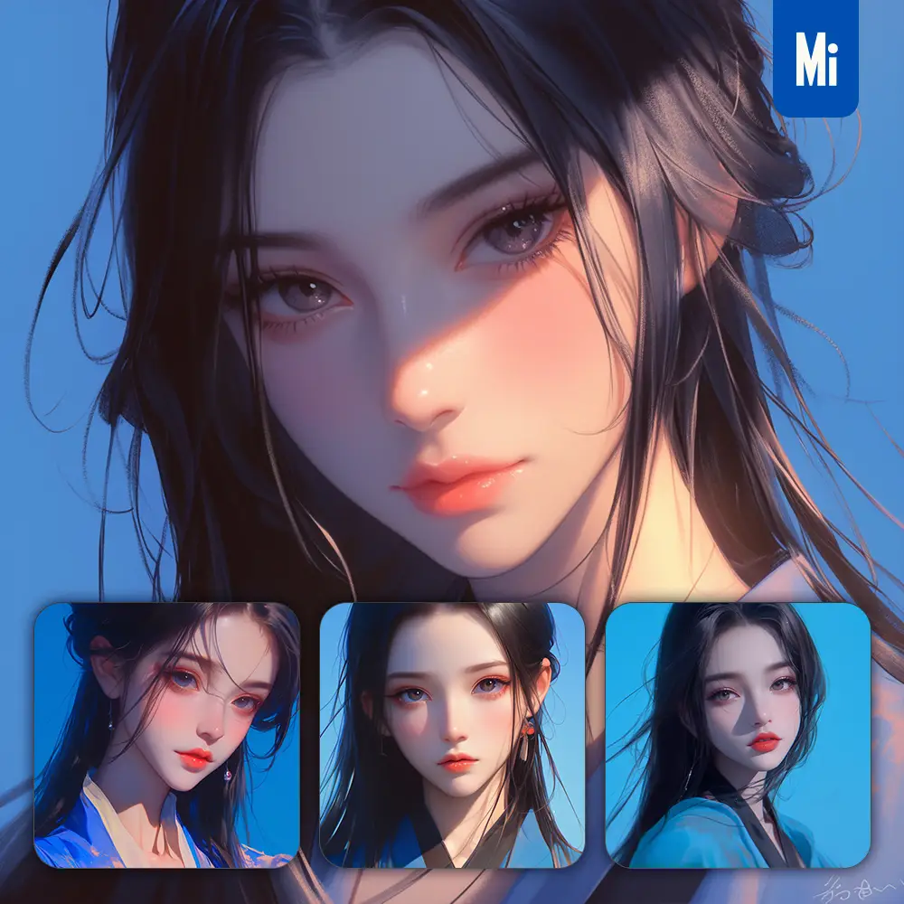 Midjourney Prompt Blue Asian Japanese Beautiful Woman Girl Lady Face Portrait Animation Cartoon