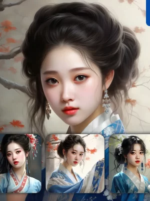 Midjourney Prompt Blue Chinese Beautiful Asian Woman Girl Lady Face Portrait Animation Cartoon Oil Painting