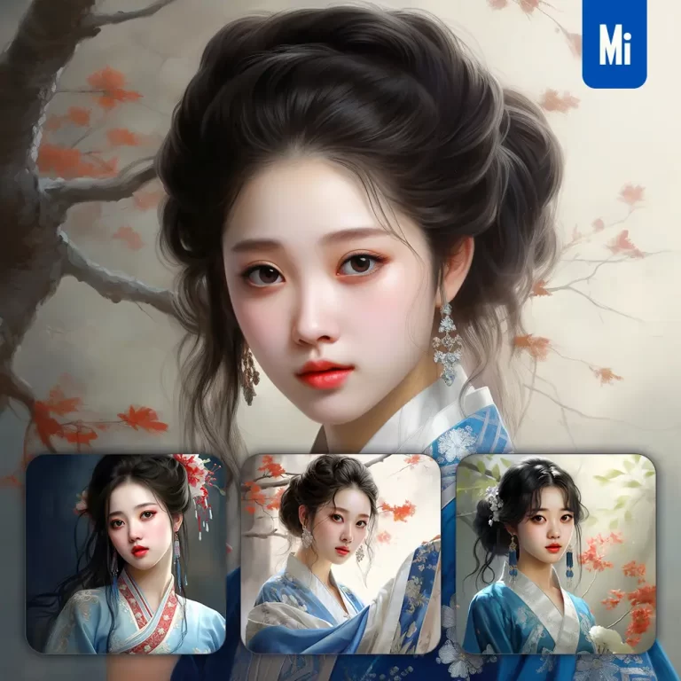 midjourney prompt blue Chinese beautiful Asian woman girl lady face portrait animation cartoon oil painting