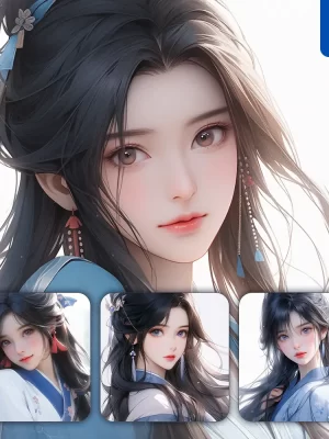 Midjourney Prompt Blue Chinese Beautiful Asian Woman Girl Lady Face Portrait Animation Cartoon Painting