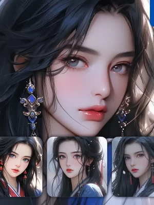 Midjourney Prompt Blue Beautiful Asian Woman Girl Lady Face Portrait Animation Cartoon Painting