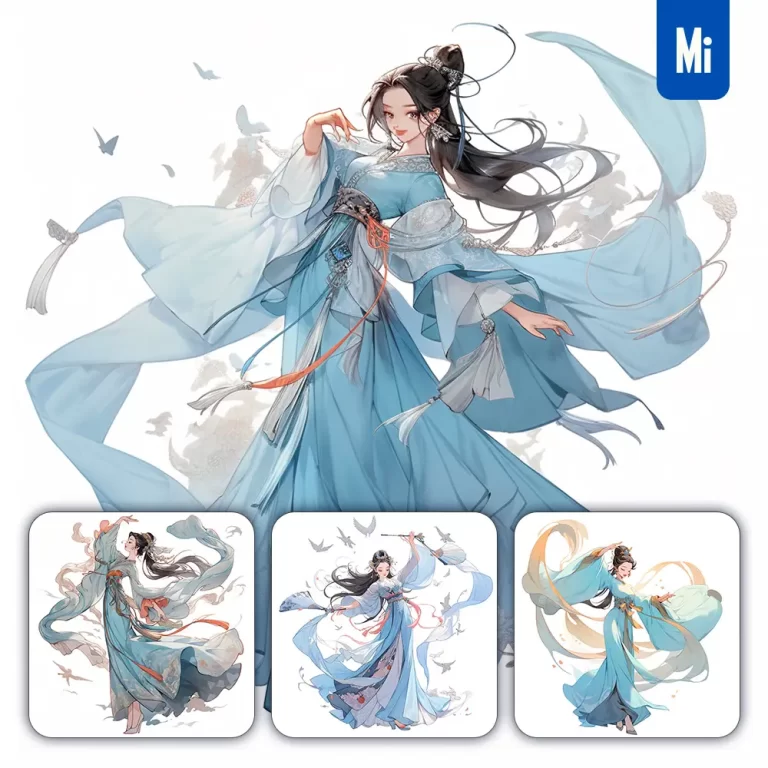 midjourney prompt blue beautiful Chinese girl lady woman dance portrait animation cartoon painting