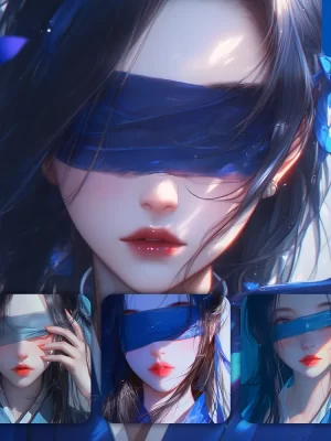 Midjourney Prompt Blue Blindfolded Beautiful Woman Girl Lady Face Portrait Animation Cartoon