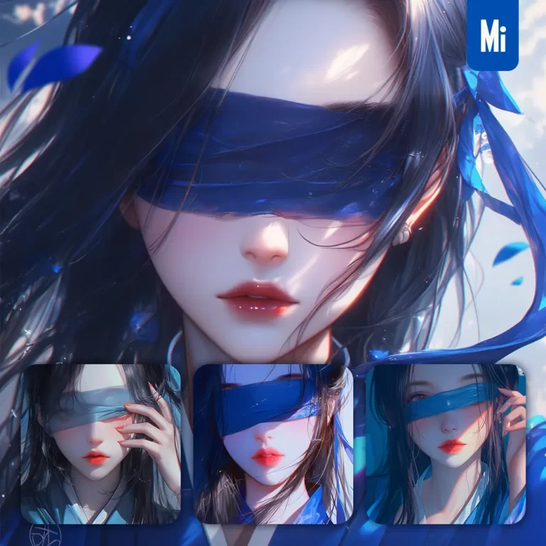 midjourney prompt blue blindfolded beautiful woman girl lady face portrait animation cartoon