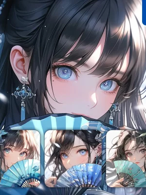 Midjourney Prompt Blue Fan Beautiful Asian Woman Girl Lady Face Portrait Animation Cartoon Painting