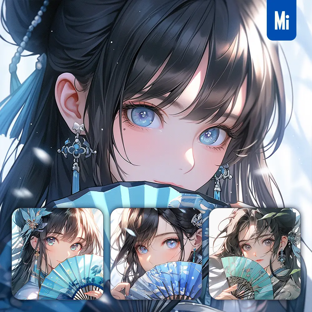 midjourney prompt blue fan beautiful Asian woman girl lady face portrait animation cartoon painting