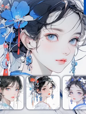 Midjourney Prompt Blue Headgear Beautiful Woman Girl Lady Face Portrait Animation Cartoon Painting