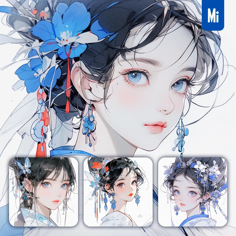 Midjourney Prompt Blue Headgear Beautiful Woman Girl Lady Face Portrait Animation Cartoon Painting