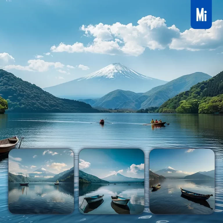 midjourney prompt boat Mount Fuji mountain water lake Japanese landscape photography