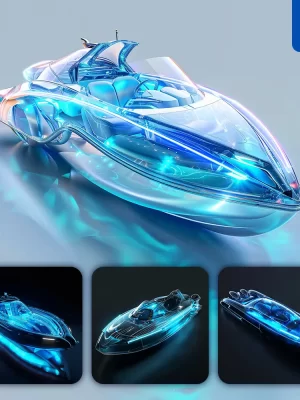 Midjourney Prompt Boat Transparent Inflatable Futuristic Vehicle Blue Product Design 3d Concept