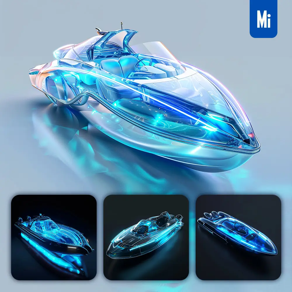 midjourney prompt boat transparent inflatable futuristic vehicle blue product design 3D concept