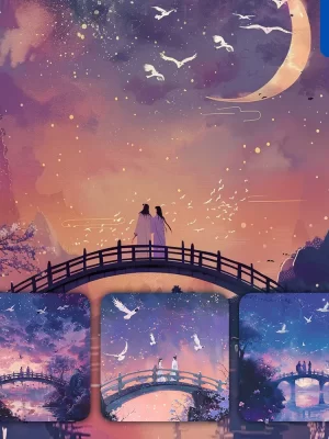 Midjourney Prompt Bridge Ancient Chinese Love Pink Purple People Double Seventh Festival Chinese Valentine's Day Qixi Painting