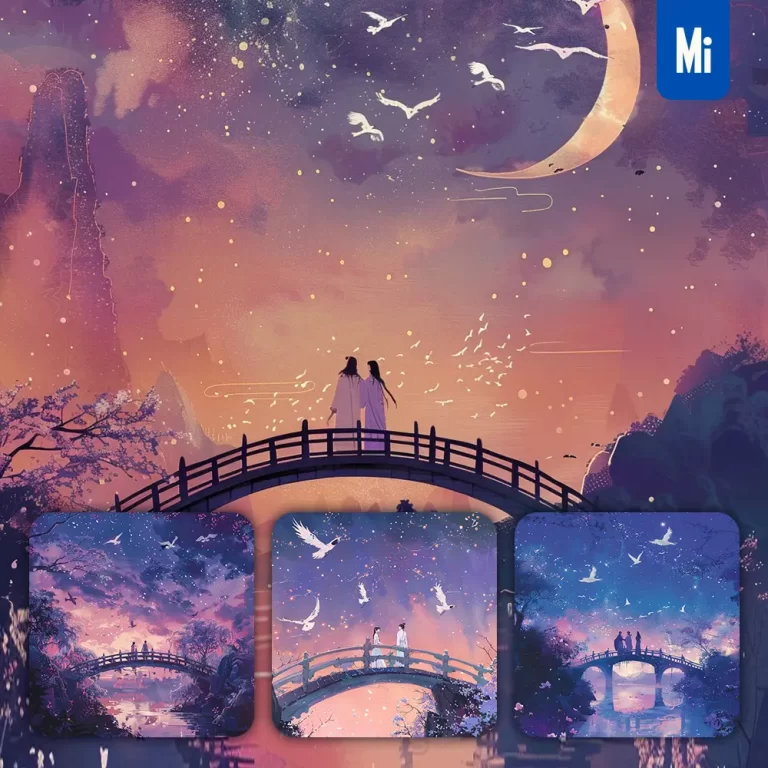 midjourney prompt bridge ancient Chinese love pink purple people Double Seventh Festival Chinese Valentine’s Day Qixi painting