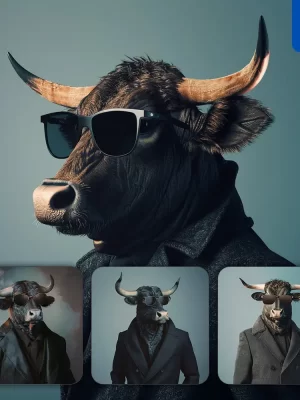 Midjourney Prompt Bull Sunglasses Suit Coat Esquire Fashion Vogue Photography