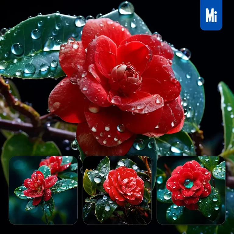 midjourney prompt camellia flower branch leaves leaf dewdrop drop photography