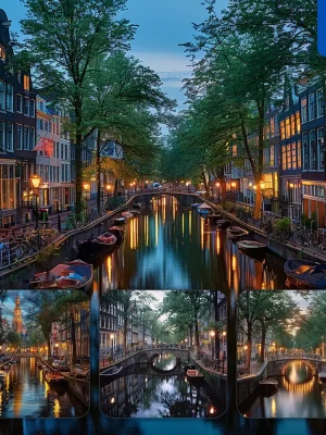 Midjourney Prompt Canal Boat Tree Townhouse Water Bridge Street Evening City Landscape Photography